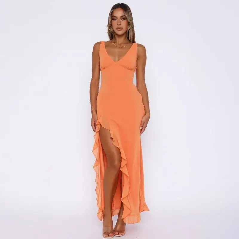 JazzHer Sexy Split Ruffles Strap Dress Women Slim V-neck Sleeveless Backless Female Maxi Dresses 2024 Summer Lady Solid Beach Party Robe