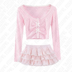 JazzHer Sweet Pink suit Aesthetic Cute Bow Sexy lace Long Sleeve Crop Tops Harajuku Emo Girls Y2K Mini Skirt Fashion women's Streetwear