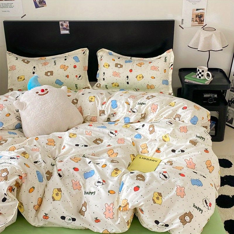 JazzHer Cute Rabbit Carrot Bedding Set Soft Green Flat Sheet Quilt Cover Pillowcase Bed Linen Twin Queen Full Size Floral Duvet Cover