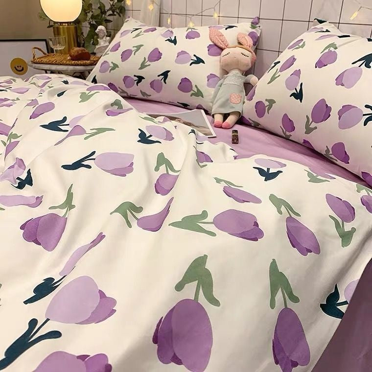 JazzHer Purple Tulip Bedding Set INS Bed Linens Duvet Cover 150x200 Double Queen King Quilt Cover Soft Polyester Bedclothes Flat Sheets