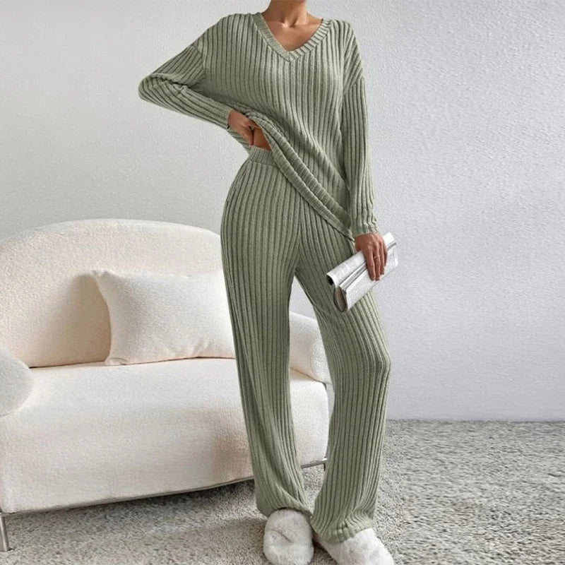 thanksgiving outfit JazzHer Casual Knitted Ribbed Pants Sets Women Solid Loose V Neck Long Sleeve Pullover Long Trousers 2024 Autumn New in Matching Outfits