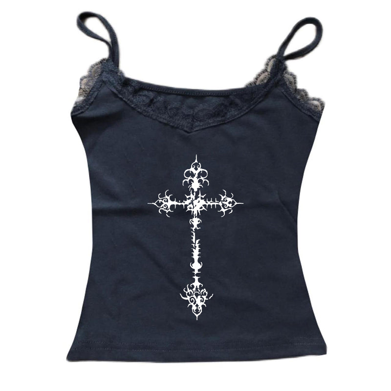 JazzHer Y2K Gothic Grunge Punk Aesthetic Print Lace Camisole Top Fashion Sexy Sleeveless Slim Chic Crop Top 90s Vintage Rock Women's Tee