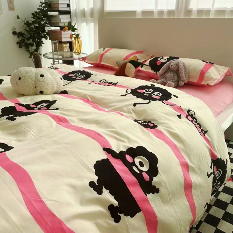 JazzHer Ins Cartoon Rabbit Duvet Cover Set Soft Blue Flat Sheet Quilt Cover Pillowcase Bed Linen Twin Queen Full Size Floral Bedding Set