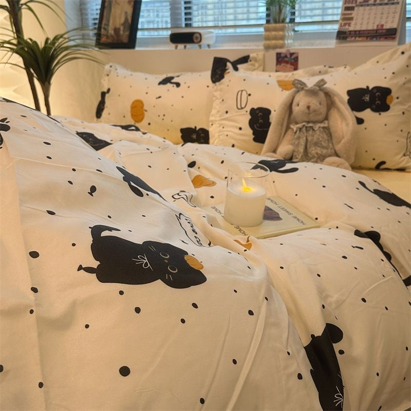 JazzHer Black Cat Pumpkin Bedding Set INS Cartoon Duvet Cover Set Queen King Quilt Cover Soft Bedclothes Flat Bed Sheets Set For Girls