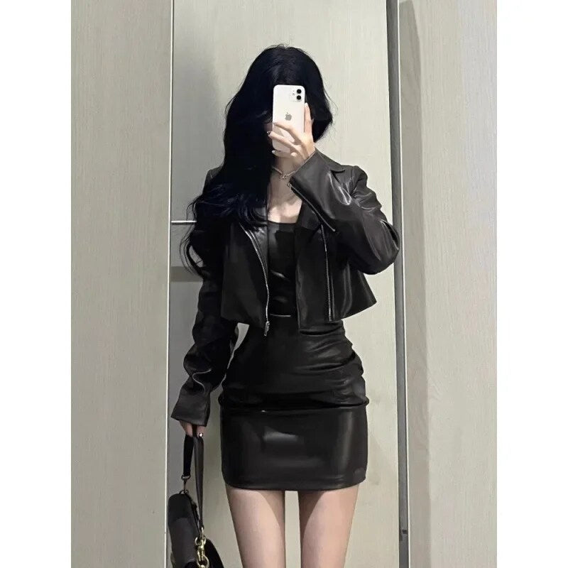 cold weather outfits JazzHer 2024 Spring Autumn New Women's Cropped Leather Jacket Tank Dress Slimming Bodycon Skirt Trendy Fashionable