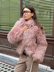 JazzHer Elegant Pink Women's Cropped Warm Faux Fur Jacket Fashion Winter Thermal Long Sleeve Fluffy Coats New Ladies Chic Street Outwear