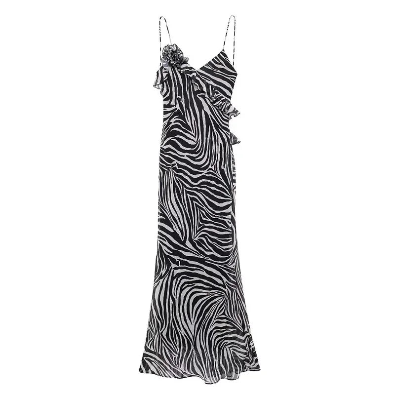 JazzHer Sexy Zebra Print Sling Long Dress Women V-neck Sleeveless Backless 3D Flower Beach Dresses 2024 Summer Lady Holiday Chiffon Robe