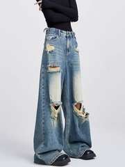 christmas outfit JazzHer Women's Blue Ripped Jeans Harajuku Y2k Japanese 2000s Style 90s Aesthetic Baggy Denim Trousers Jean Pants Vintage Trashy Clothes