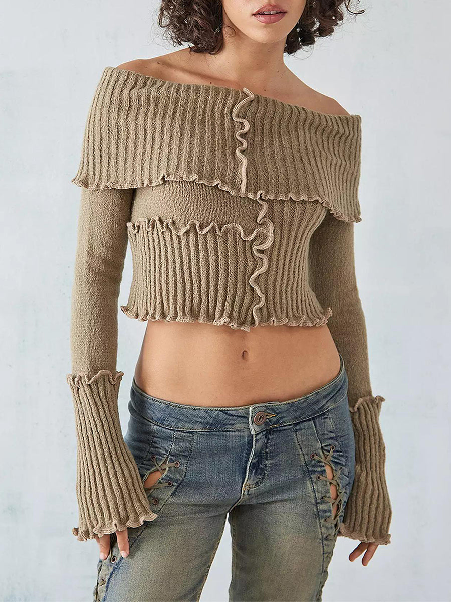 thanksgiving outfit JazzHer Women s Off-Shoulder Cropped Tops Ribbed Knit Long Sleeve Lettuce Edge Trims Sweater Slim Fitted Y2K Knitwear