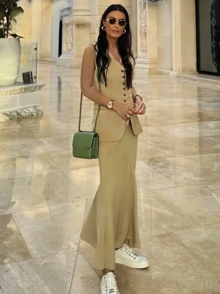 JazzHer Women Vest Skirt Sets Female Khaki Long Blazer Vest V Neck Sleeveless Slim Top+Elegant High Waist A Line Skirt Suit