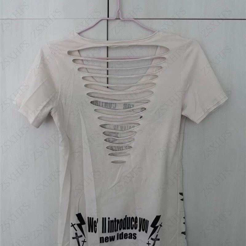 JazzHer Skulls Streetwear Hip Hop Punk 2000s Aesthetic T Shirt Women Clothing Hole Sexy Gothic Grunge Femme Short sleeve Y2k Crop Top