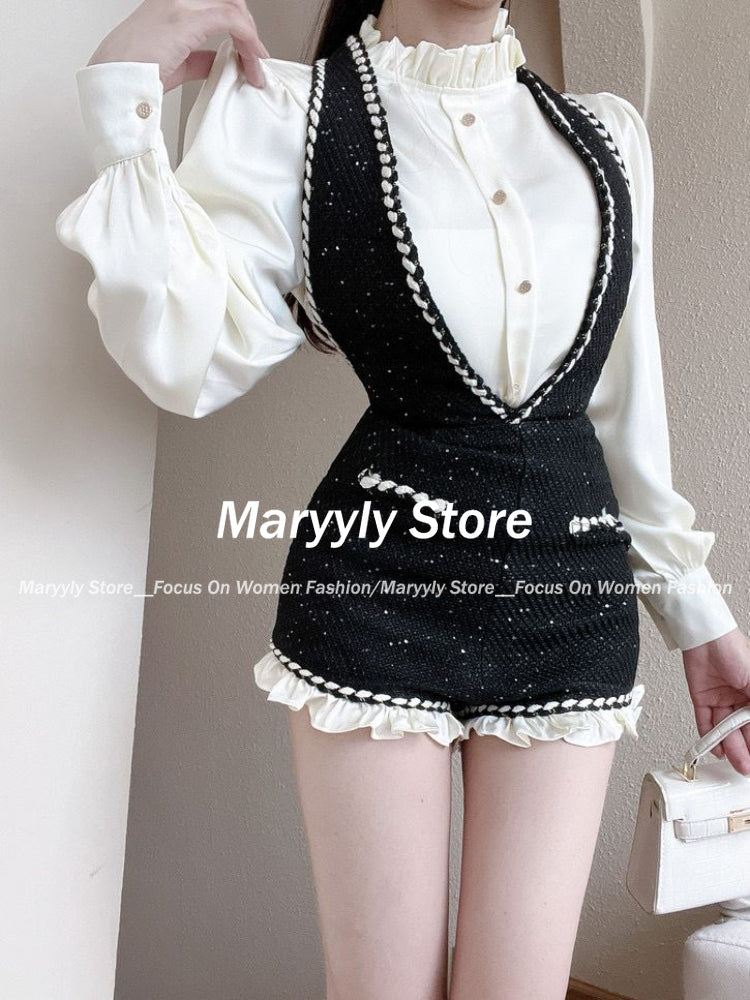 JazzHer 2025 Autumn French Sweet Hot Girl Commuting Suit Women Halter Strap Shorts Ruffled Long Sleeve Shirt Elegant Slim 2 Piece Set