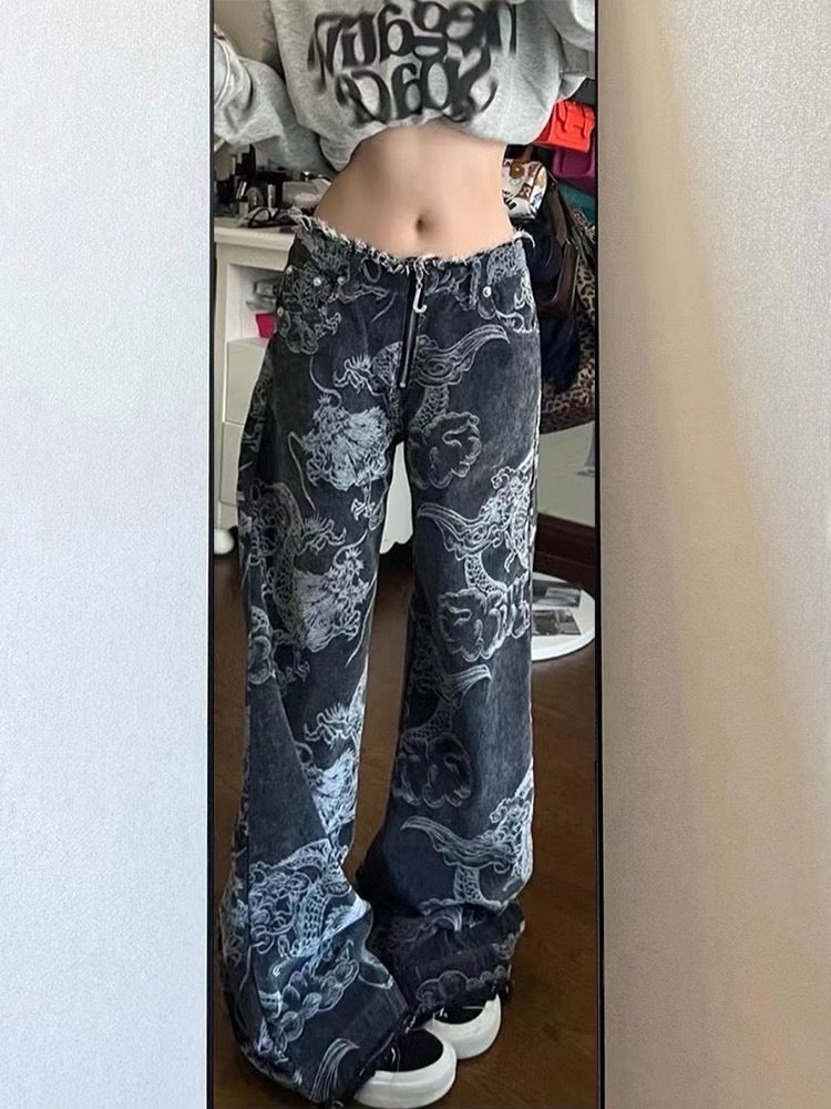 christmas outfit JazzHer Women Black Gothic Dragon Print Jeans Baggy Vintage Aesthetic Cowboy Pants Harajuku Denim Trousers Y2k Trashy 2000s Clothes 2025