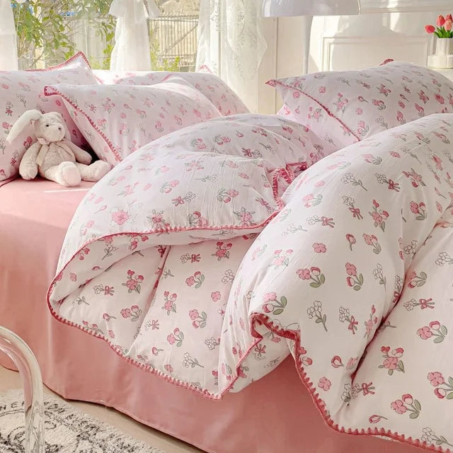 JazzHer Lovely Pastoral Girls Flower Bedding Set, Soft Washed Cotton Bed Linens For Dreamy Nights, Simple Bedspread And Home Textile