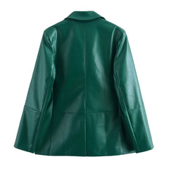 cold weather outfits JazzHer 2024 Autumn New Arrival Women's Leather Green Straight Cut Suit Jacket With Split Side Skirt Medium Length Dress Set