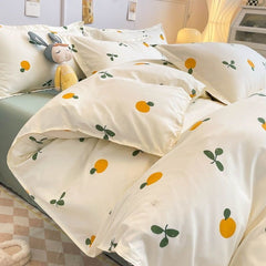 JazzHer Ins Style Duvet Cover Set with Flat Sheet Pillowcases Cute Orange Cherry Crow Printed Single Double Queen Size Girls Bedding Kit