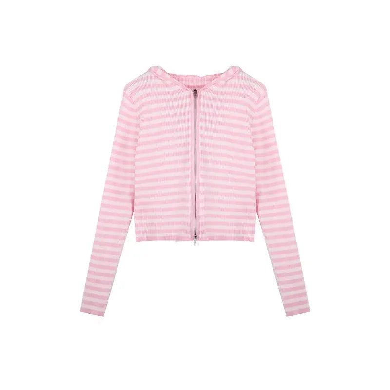 JazzHer 2025 Autumn New Pink Striped All-match Hoodie Tops Women Casual Bottoming Cardigan Sweet kawaii Long Sleeve Zipper Sweatshirts