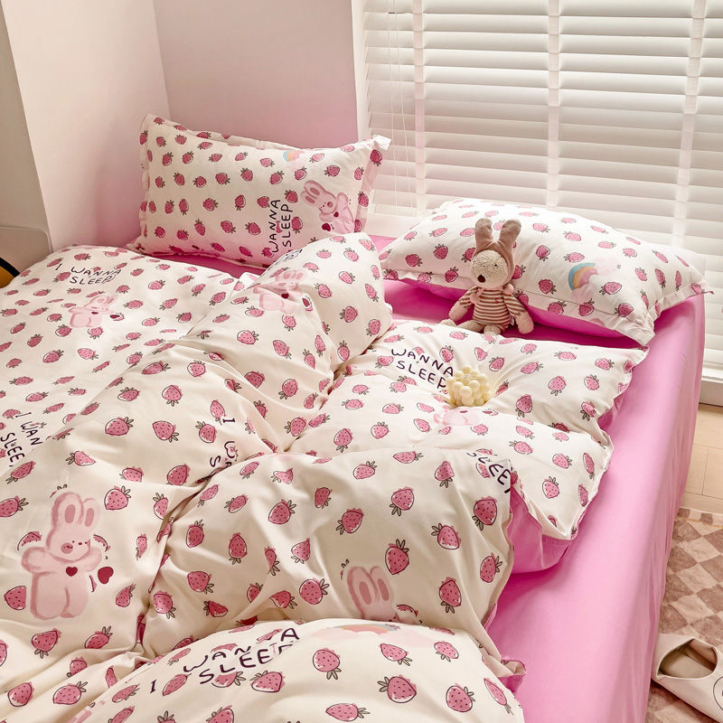 JazzHer Cute Rabbit Bedding Set No Filling Pink Blue Boys Girls Favorite Single Double Duvet Cover Flat Sheet Pillowcase Kit New 2024