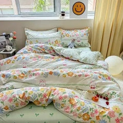 JazzHer Garden Flowers And Cute Rabbit Pattern Duvet Cover Nordic Style Full Size Bedding Sets Queen Double For Girls Gift Pink