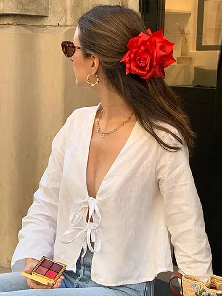 JazzHer Linen Bow Lace Up Hollow Out Blouses Women Solid Loose V Neck Long Sleeve Shirts 2024 Spring Summer Lady Fashion Casual Tops