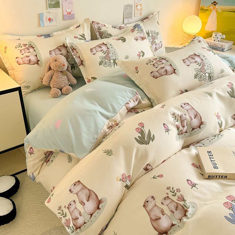 JazzHer Cute Cartoon Duvet Cover Set No Filler Ins Full Queen Size Comforter Cover Sheet Pillowcase Skin-friendly Girl Home Bedding Set