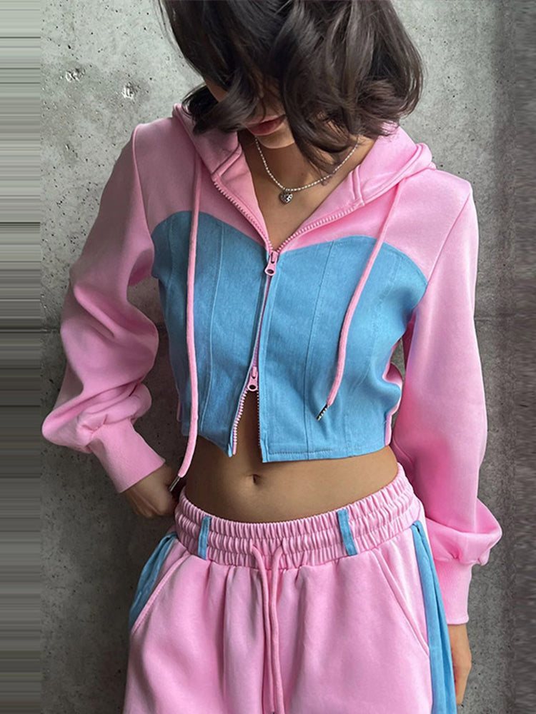 JazzHer Women's Hoodies Crop Top Wide Leg Pants Suits Y2K Pacthwork Zipper Lady Sweatshirt Autumn Fashion Korean Sportswear Streetwear