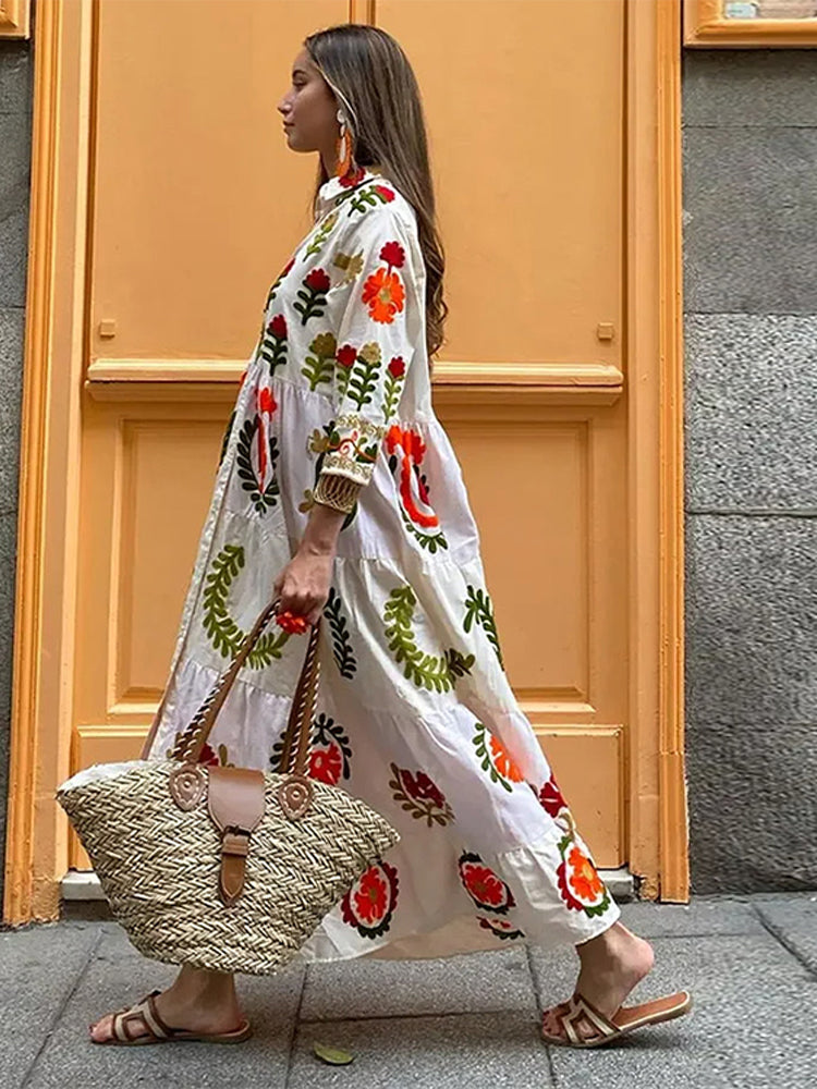 JazzHer Loose Print Ruffles Long Dress Women Fashion Lapel Single Breasted Long Sleeve Female Dresses 2024 Summer Lady Holiday Robes New