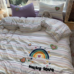 JazzHer Korean Ins Dopamine Rainbow Embroidered Washed Cotton Bedding set Duvet Cover Home Luxury No Filling Bedding Set Bed Sheets