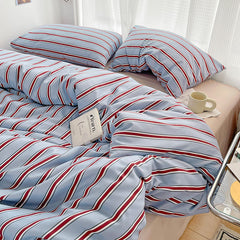 JazzHer Simple Red and Blue Striped Duvet Cover and Four Piece Bed Sheet Set with Washed Cotton Bedding on the Bed