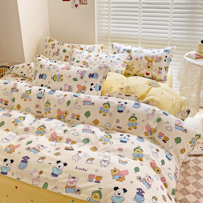 JazzHer Ins Cartoon Astronaut Bedding Set Soft Flat Sheet Duvet Cover Pillowcase Polyester Bed Linen Twin Queen Full Size Quilt Cover