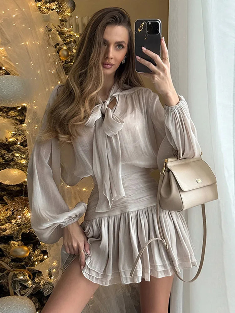 JazzHer Women O-neck Long Lantern Sleeve Blouses High Waist Pleated Skirt Elegant Shinny Bow Lace Up Top Skirts Set 2025 New Lady Outfit