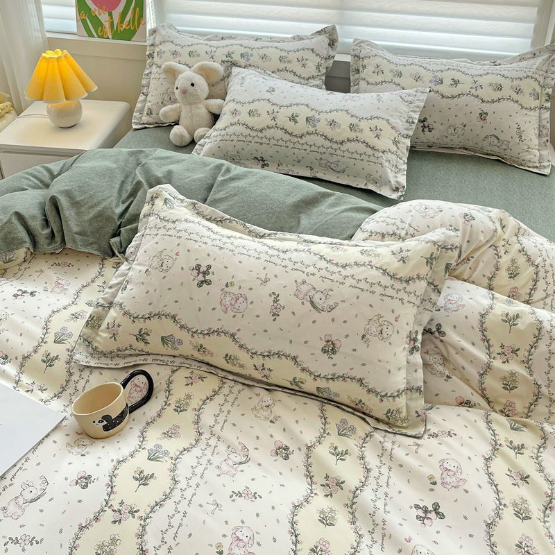 JazzHer White Green Bedding Set Floral Ins Duvet Cover with Zipper No Filler Flat Sheet Pillowcase Twin Queen Size Bed Linens