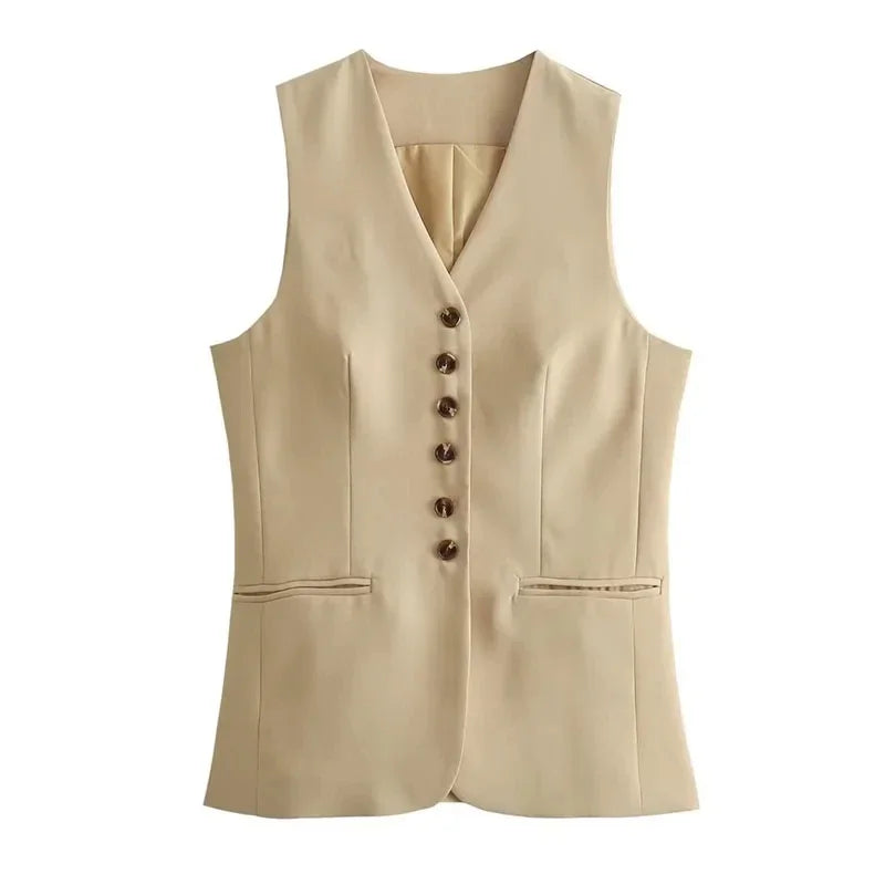 JazzHer Women Vest Skirt Sets Female Khaki Long Blazer Vest V Neck Sleeveless Slim Top+Elegant High Waist A Line Skirt Suit