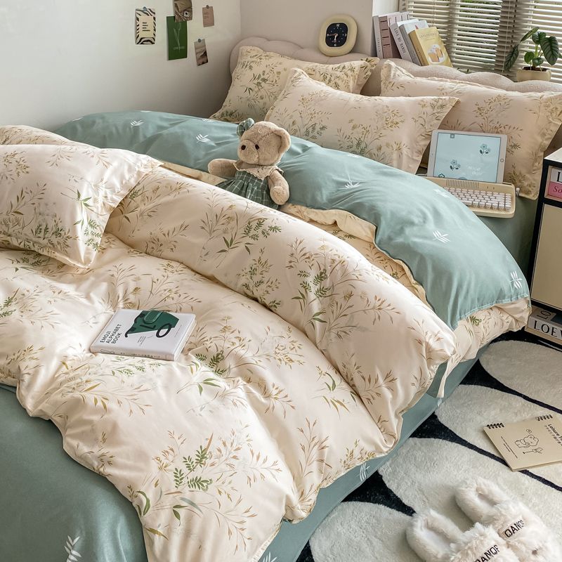 JazzHer Cream Floral Bedding Set No Filler Breathable Green Ins Double Queen Size Comforter Duvet Cover Flat Sheet Pillowcase Bed Linens