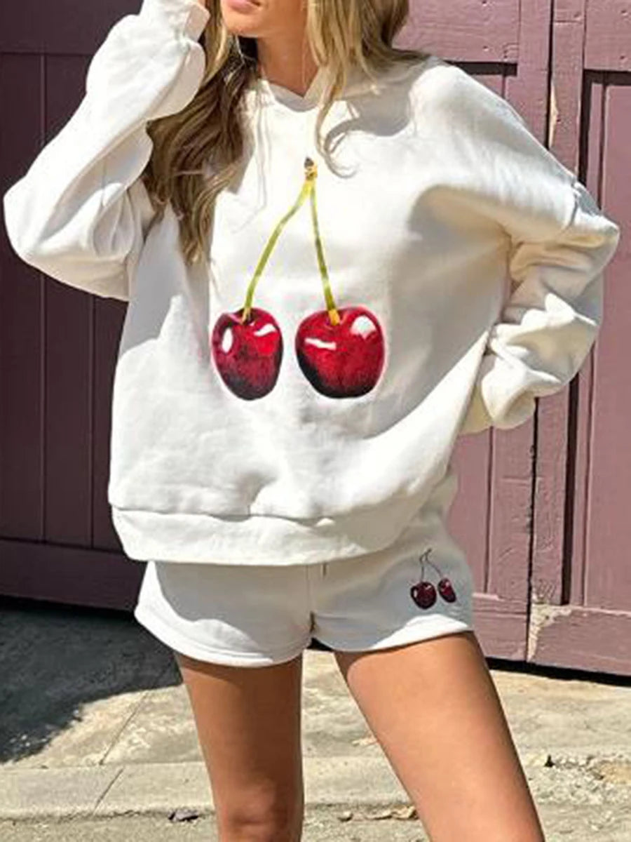 thanksgiving outfit JazzHer New Fashion Women Hoodie Long Sleeve Cherry Print Hooded Sweatshirt Pullover Fall Casual Tops Club Street Style S M L