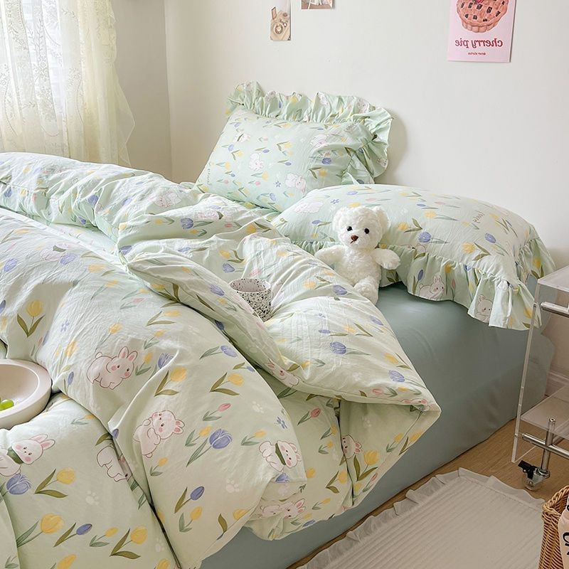 JazzHer Ins Korean Style Duvet Cover Set with Flat Sheet Pillowcase No filler Washed Cotton Queen Full Twin Cute Floral Bedding Set