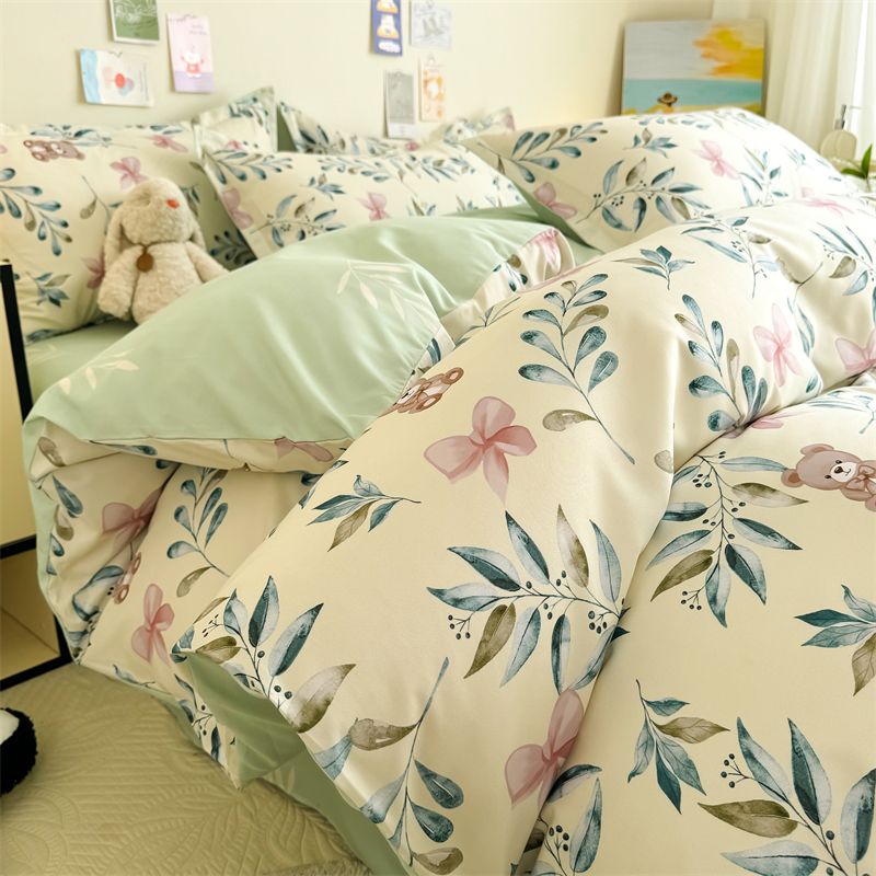 JazzHer Green Floral Bedding Set No Filler Ins Twin Queen Duvet Cover Flat Sheet Pillowcase Girls Adults Fashion Comforter Cover