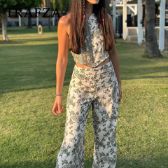 cold weather outfits JazzHer 2024 Spring Summer Printing Women Suits Fashion Halter Backless Sleeveless Tops+High Waist Zipper Wide Leg Pants