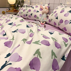 JazzHer Purple Tulip Bedding Set INS Bed Linens Duvet Cover 150x200 Double Queen King Quilt Cover Soft Polyester Bedclothes Flat Sheets