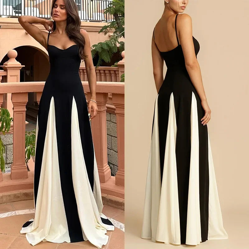 JazzHer Elegant Patchwork Pleated Sling Long Dress Women Sleeveless Backless Contrast Female Party Dresses 2024 Summer Lady Evening Robe