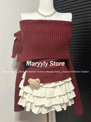 JazzHer Autumn Winter Sweet Fashion Skirt Suit Woman Elastic Bow Knitted Sweater Tops + Y2k High Waist Mini Skirt 2 Piece Set 2025 New