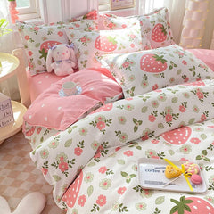 JazzHer Ins Pink Flowers Bedding Set Flat Bed Sheet Pillowcase Twin Full Queen Size Nordic Bed Linen Women Girls Floral Duvet Cover Set