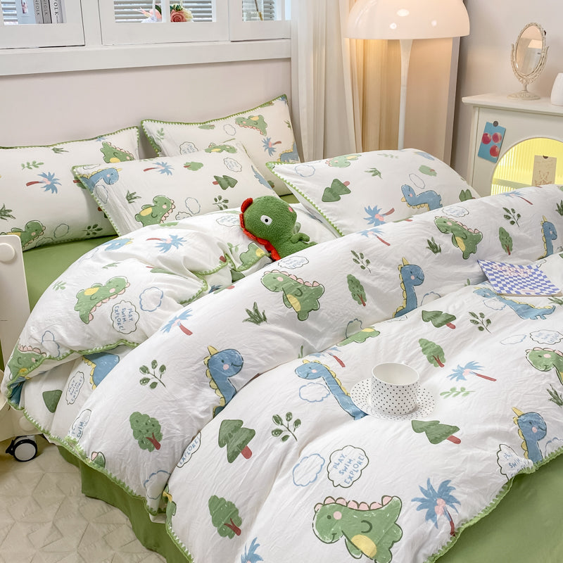 JazzHer Cartoon Dinosaur Bedding Set Bed Flat sheet Pillowcase Twin Full Queen Princess Style Bed Linen Kids Girls Duvet Cover No Filler