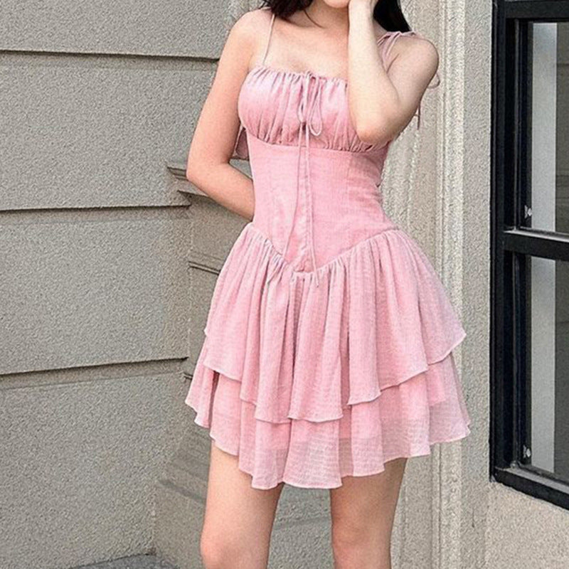 JazzHer-Women Summer Sexy y2k Fairy Dress Casual Loose Dress Lace Up Ruffle Corset Mini Dress