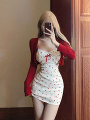 JazzHer Korean 2 Piece Dress Sets Women Casual Knitted Short Cardigan + Outwear Elegant Sweet Floral Strap Mini Dress Chic 2025 Spring