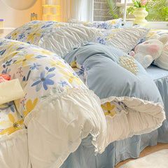 JazzHer Princess Bedding Set with Ruffles No Filler Korean Style Girls Single Double Queen Size Duvet Cover Sheet Pillowcase Bedspread