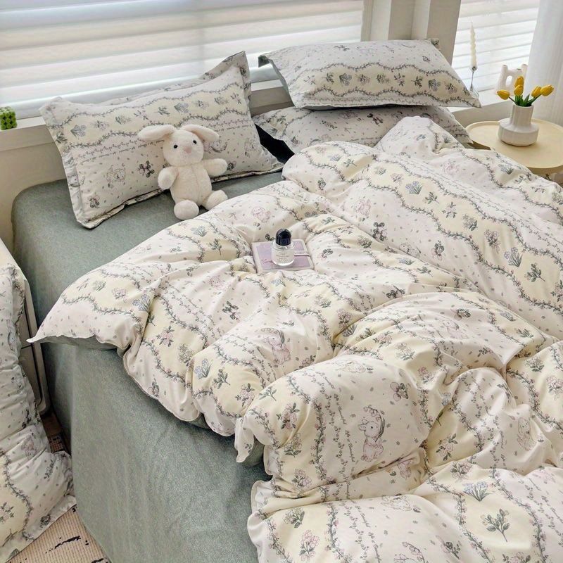 JazzHer Ins Bedding Set Cream Green Floral Twin Queen Size Duvet Cover Flat Sheet Pillowcase No Filler Girl Boy Gift Home Bed Linens