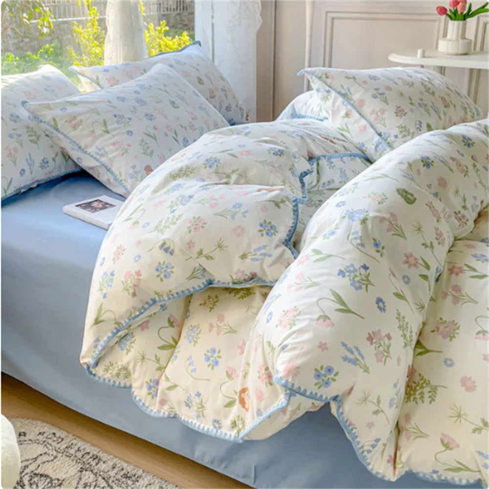 JazzHer Lovely Pastoral Girls Flower Bedding Set, Soft Washed Cotton Bed Linens For Dreamy Nights, Simple Bedspread And Home Textile