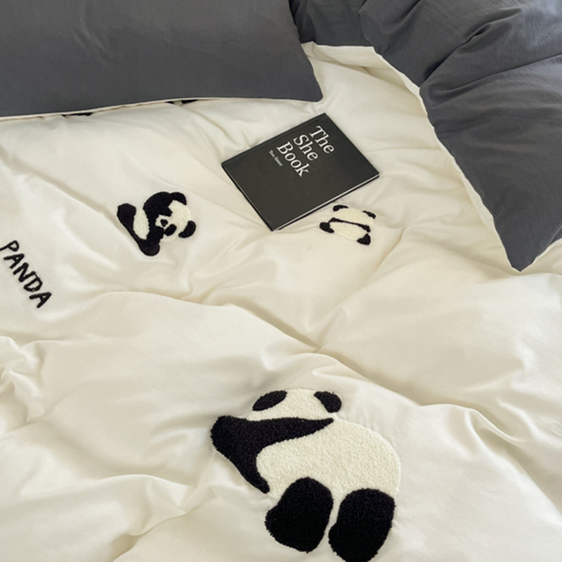 JazzHer Ins Cartoon Panda Bedding Set Towel Embroidery Duvet Cover Queen Twin Full Size Grey Bed Flat Sheet Quilt Cover Pillowcases