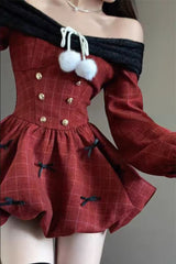 JazzHer 2025 Spring Christmas Red Elegant Party Dress Women Casual Sweet Plaid Bow Dresses Female Korean Fashion Chic Kawaii Mini Dress